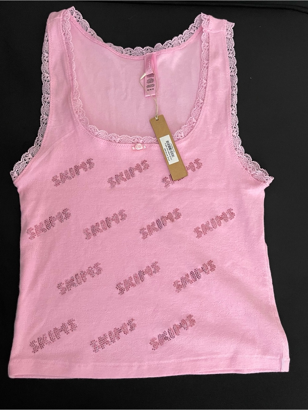 Skims Rhinestone Logo Pointelle Tank Lace-Trim